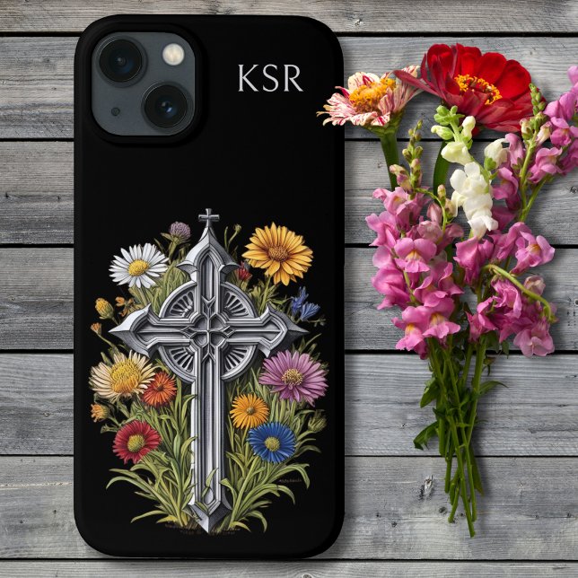 Gothic Cross with Wildflowers Monogram  Case-Mate iPhone Case (Creator Uploaded)