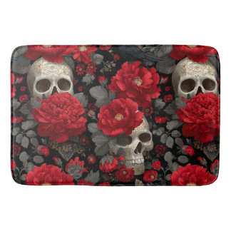 Gothic Crow and Skull Floral Seamless Pattern Bath Mat