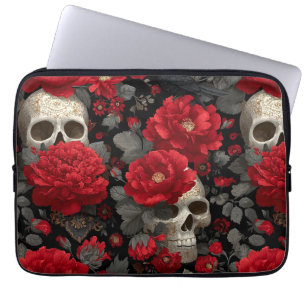 Gothic Crow and Skull Floral Seamless Pattern Laptop Sleeve