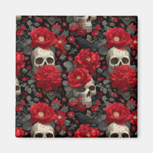 Gothic Crow and Skull Floral Seamless Pattern Magnet