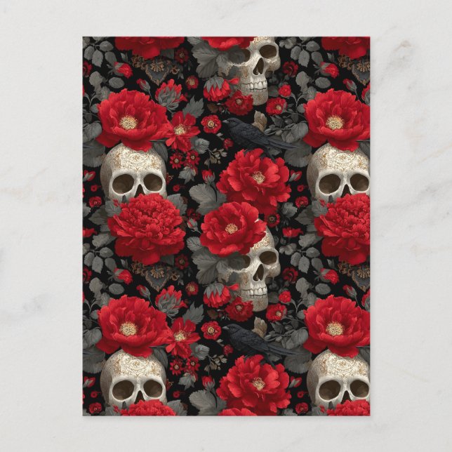 Gothic Crow and Skull Floral Seamless Pattern Postcard (Front)