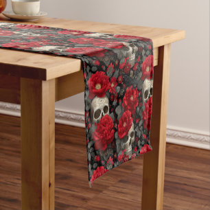 Gothic Crow and Skull Floral Seamless Pattern Short Table Runner