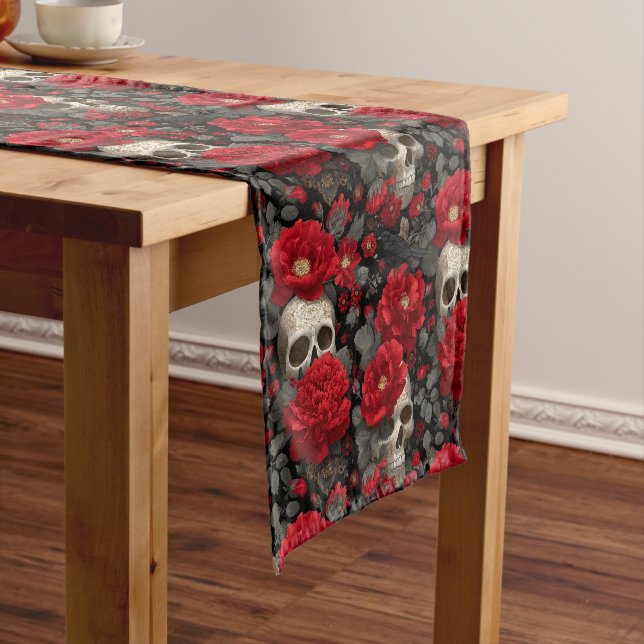 Gothic Crow and Skull Floral Seamless Pattern Short Table Runner (In Situ)