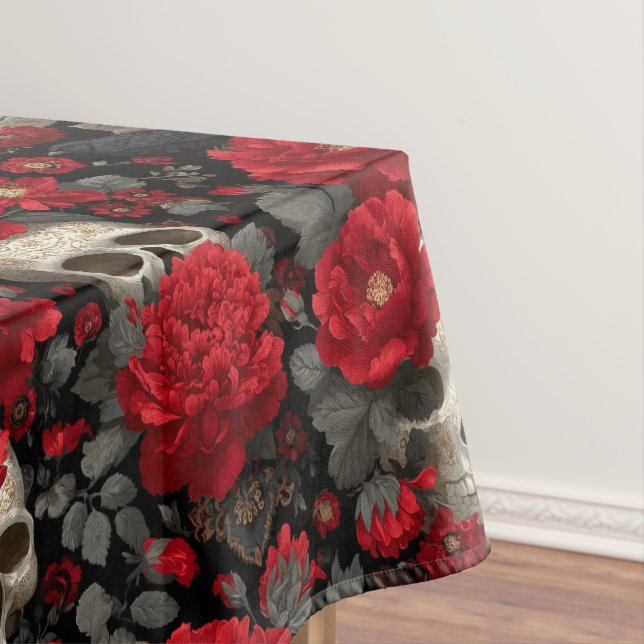 Gothic Crow and Skull Floral Seamless Pattern Tablecloth (In Situ)