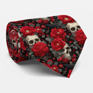 Gothic Crow and Skull Floral Seamless Pattern Tie