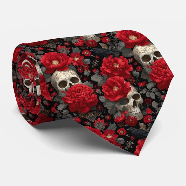Gothic Crow and Skull Floral Seamless Pattern Tie (Rolled)