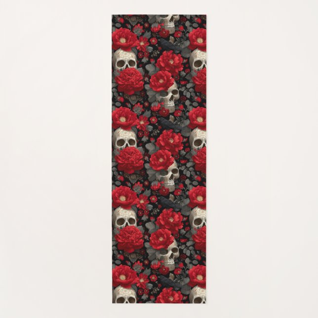 Gothic Crow and Skull Floral Seamless Pattern Yoga Mat (Front)