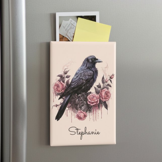 Gothic Crow Floral Dark Academia Magnet (Personalized black raven with roses magnet)