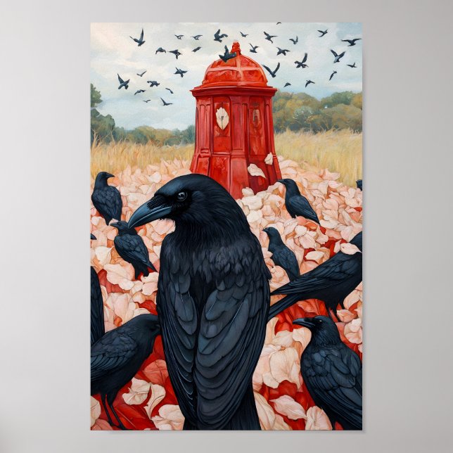 Gothic Crow Gathering Red Monument surreal poster (Front)
