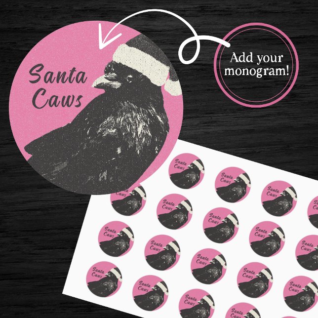 Gothic Crow Merry Crowmas Pink and Black Holiday Classic Round Sticker (Unique, memorable Christmas card seals with a crow wearing a Santa Hat. Customize with your initials)
