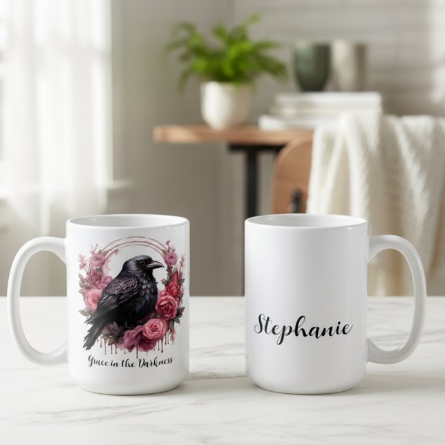 Gothic Crow Moody Dark Academia Coffee Mug (Floral black raven personalized coffee mug)