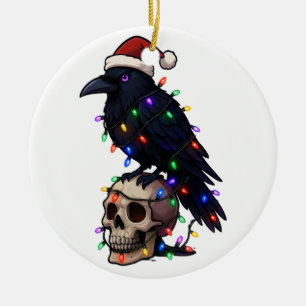 Gothic Crow Santa Hat Christmas Lights Dark Ceramic Ornament