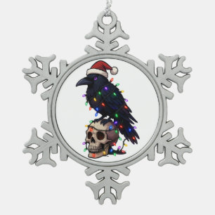 Gothic Crow Santa Hat Christmas Lights Dark Snowflake Pewter Christmas Ornament