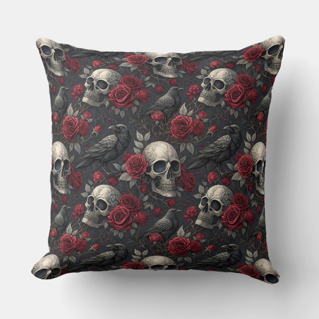 Gothic Crow Skull Print Dark Rose Raven Skull Cushion (Front)
