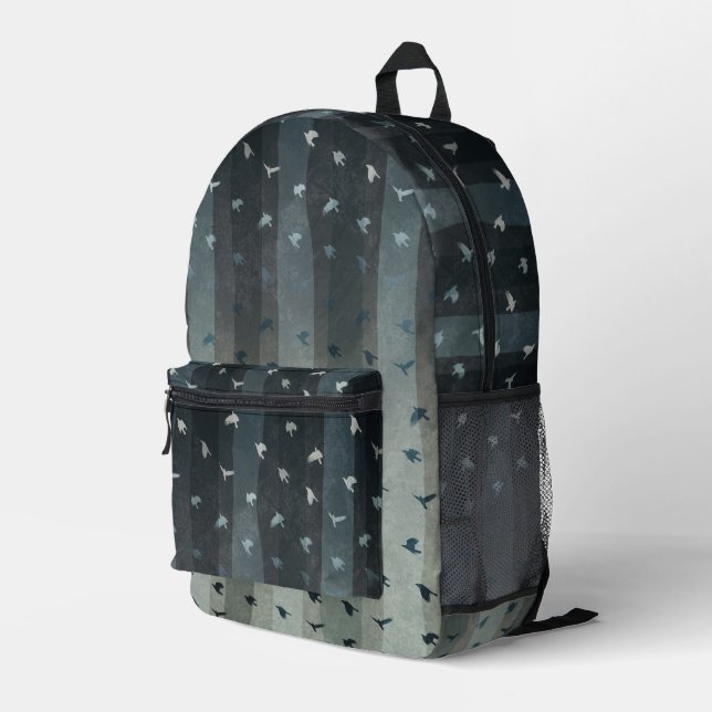 Gothic Crows Flying Silhouette Ombre Stripes Printed Backpack (Back Corner Right)