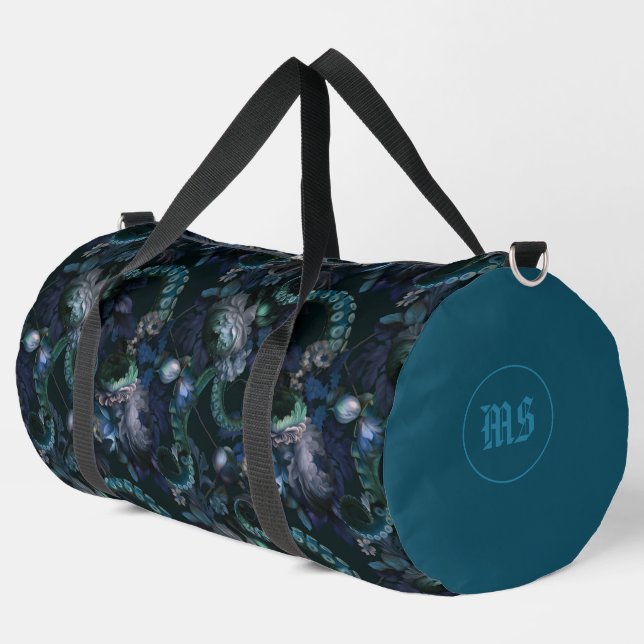 Gothic Cthulhu Turquoise Tentacle With Flowers Duffle Bag (Left Corner)