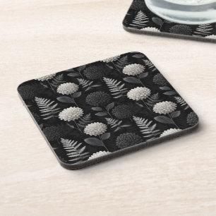 Gothic Dahlia and Fern Seamless Woodcut Pattern Coaster