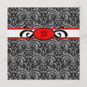 Gothic Damask Birthday for 21-year-old Red & Black Invitation