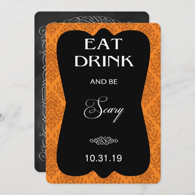 Gothic Damask Halloween Party Invitation (Orange) (Front/Back)