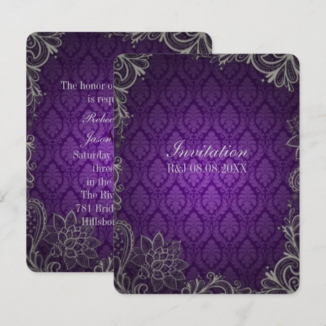 Gothic Damask lace royal purple wedding Invitation (Front/Back)