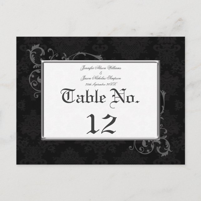 Gothic Damask Wedding Table Number Black & White Postcard (Front)