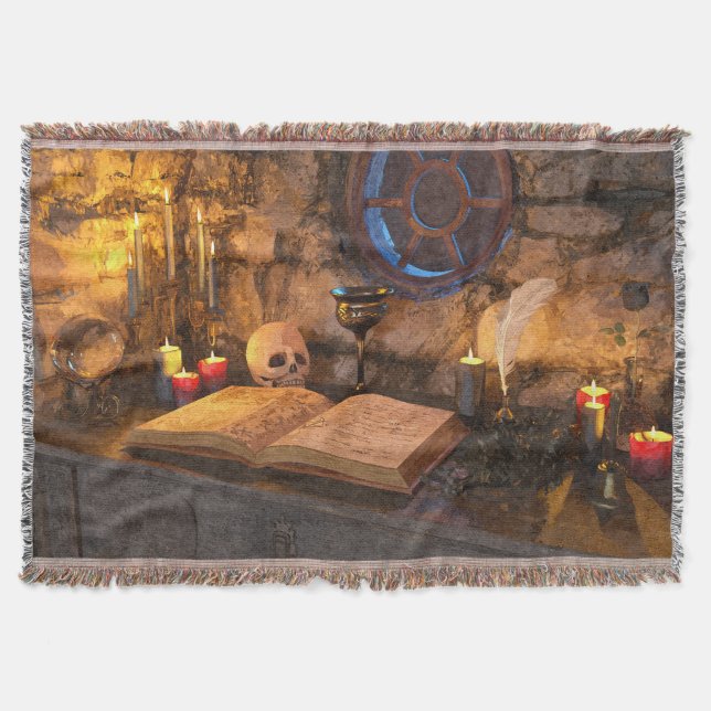 Gothic Dark Academia Candlelit Study Art Throw Blanket (Front)