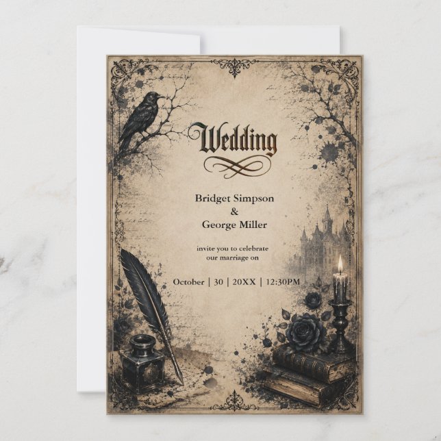 Gothic Dark Academia Raven Book Wedding  Invitation (Front)