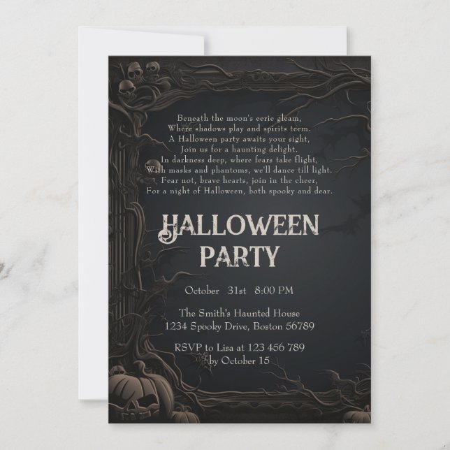 Gothic Dark Carved Trees & Poem Halloween Party Invitation (Front)