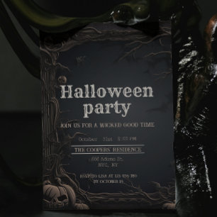 Gothic Dark Carved Trees & Pumpkin Halloween Party Invitation