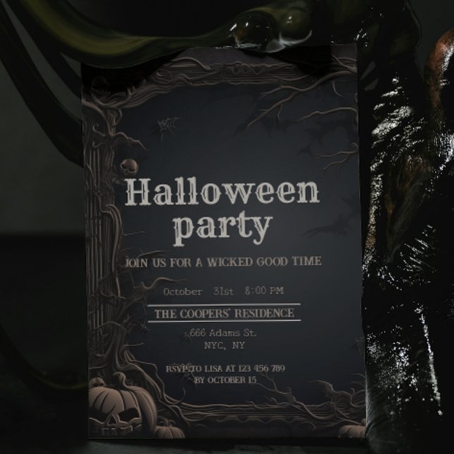 Gothic Dark Carved Trees & Pumpkin Halloween Party Invitation (Creator Uploaded)