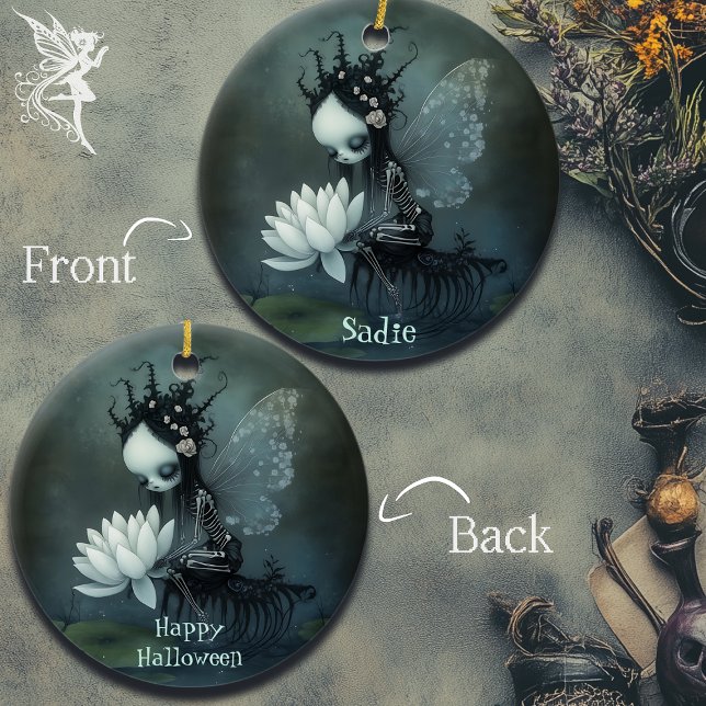 Gothic Dark Fantasy Fairy Skeleton Custom Name Ceramic Ornament (Creator Uploaded)