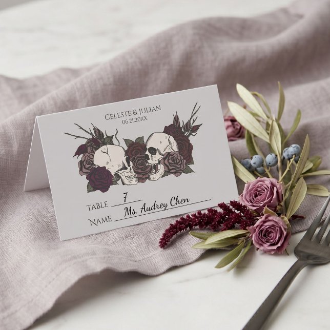 Gothic Dark Floral Light Grey Wedding Place Card (Gothic Wedding Place Card features hand-drawn skulls and roses in a moody whimsigoth aesthetic)