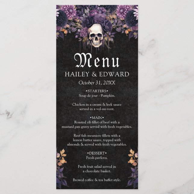 Gothic Dark Floral Skull Halloween Wedding Menu (Front)