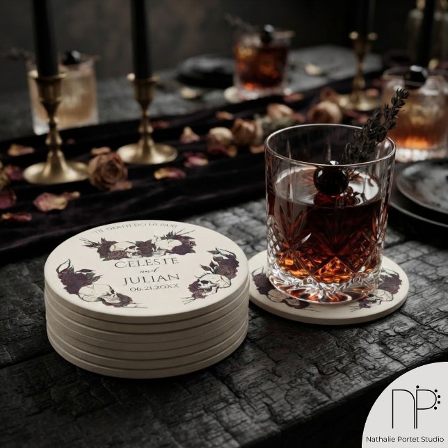 Gothic Dark Floral Til Death Wedding Round Paper Coaster (Hand-drawn gothic wedding round paper coasters featuring black ink skulls and moody dark florals.)
