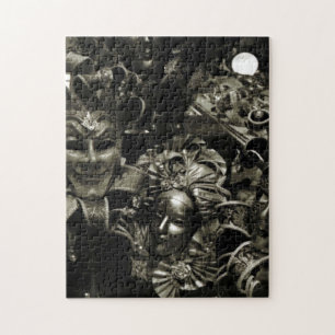 Gothic Dark Masquerade Masks Black and White Jigsaw Puzzle