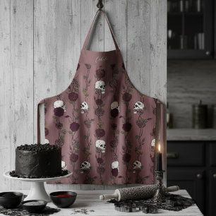 Gothic Dark Mauve Floral Skulls Apron