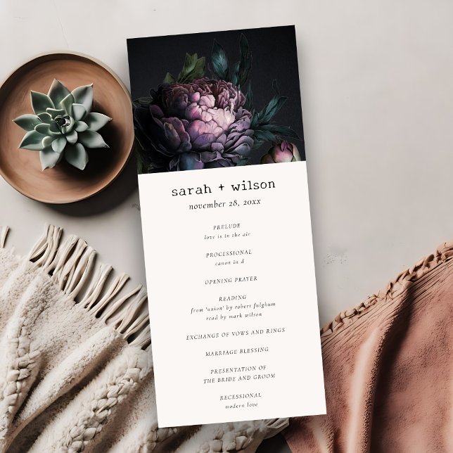 Gothic Dark Purple Black Peony Wedding Program (Creator Uploaded)