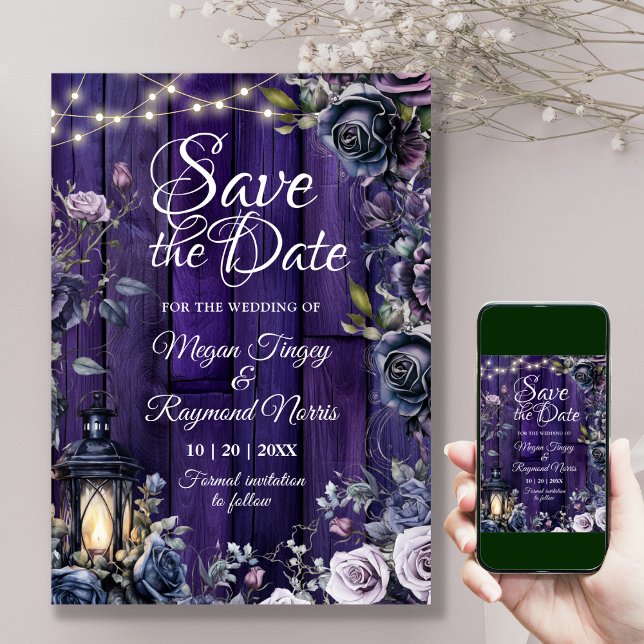 Gothic Dark Purple Floral Rustic Wood Planks Save The Date (Creator Uploaded)