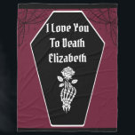 Gothic Dark Romance I Love You to Death Skeleton Fleece Blanket<br><div class="desc">Gothic Dark Romance I Love You to Death Skeleton Fleece Blanket - A dark and moody fleece blanket with a coffin and skeleton hand with a rose, spooky spiderwebs frame the top. With dark red, black and white design elements. The custom text reads "I love you to Death". Personalise by...</div>