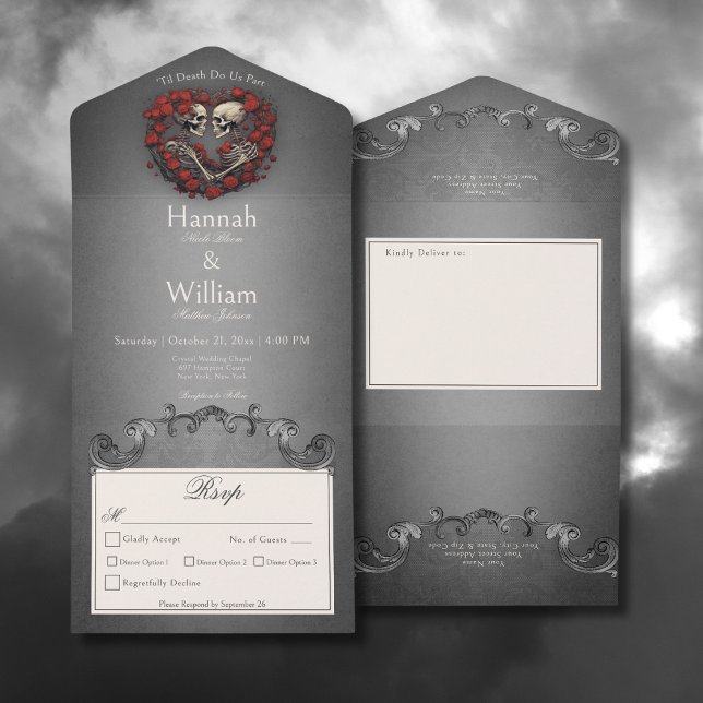 Gothic Dark Skeletons & Rose Heart Dinner All In One Invitation (Gothic Dark Skeletons & Rose Heart All In One Wedding Invitation with Dinner Options)