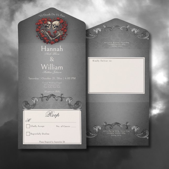 Gothic Dark Skeletons & Rose Heart No Dinner All In One Invitation (Gothic Dark Skeletons & Rose Heart All In One Wedding Invitation without Dinner Options)