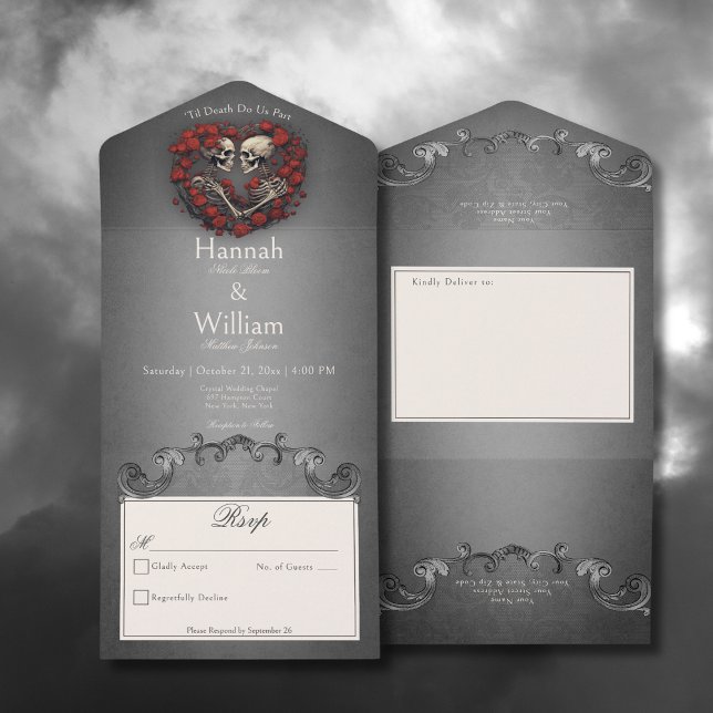 Gothic Dark Skeletons & Rose Heart No Dinner All In One Invitation (Gothic Dark Skeletons & Rose Heart All In One Wedding Invitation without Dinner Options)