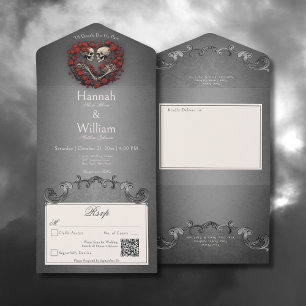 Gothic Dark Skeletons & Rose Heart QR Code All In One Invitation