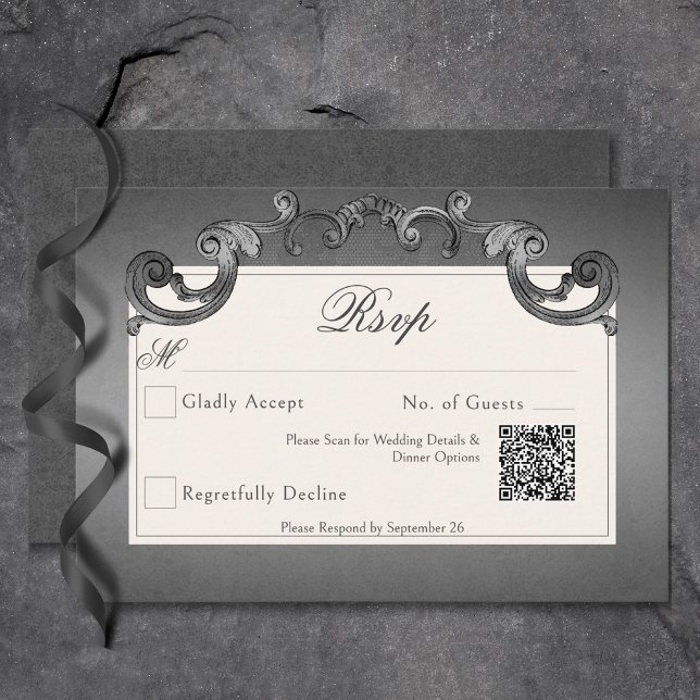 Gothic Dark Skeletons & Rose Heart Wedding QR Code RSVP Card (Gothic Dark Skeletons & Rose Heart Wedding QR Code RSVP Card)