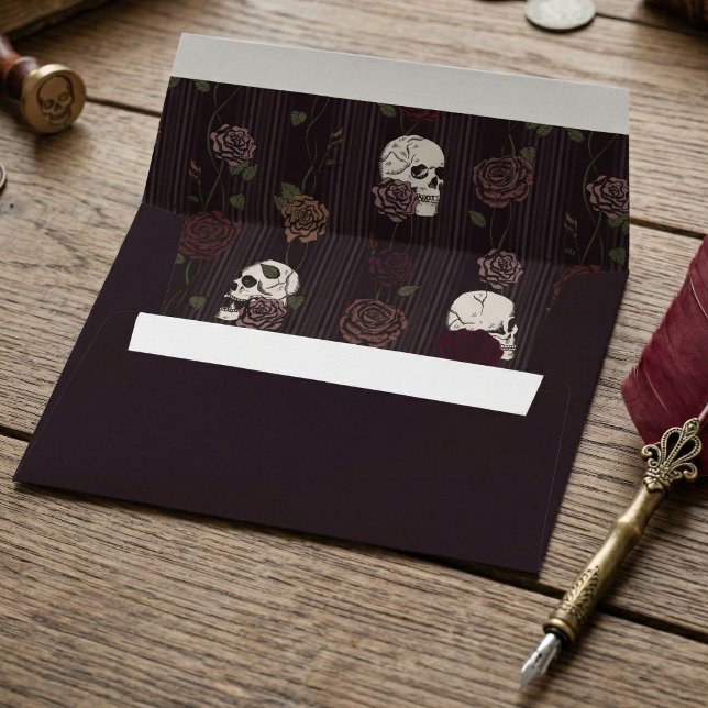 Gothic Dark Skull and Rose Return Address Envelope (Gothic Skull Rose Envelope features hand-drawn ink details and a dark whimsigoth aesthetic)