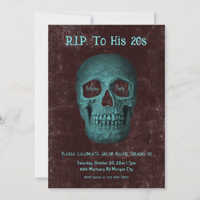 Gothic Dark Teal Brown Skull RIP To His 20s Invitation (Front)