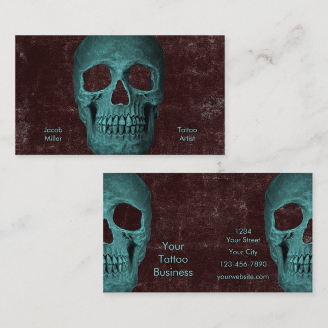 Gothic Dark Teal Skull Brown Texture Tattoo Shop Business Card (Front/Back)