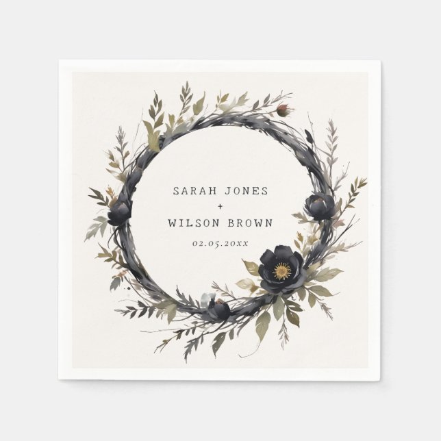Gothic Dark Watercolor Black Rose Wreath Wedding Napkin (Front)