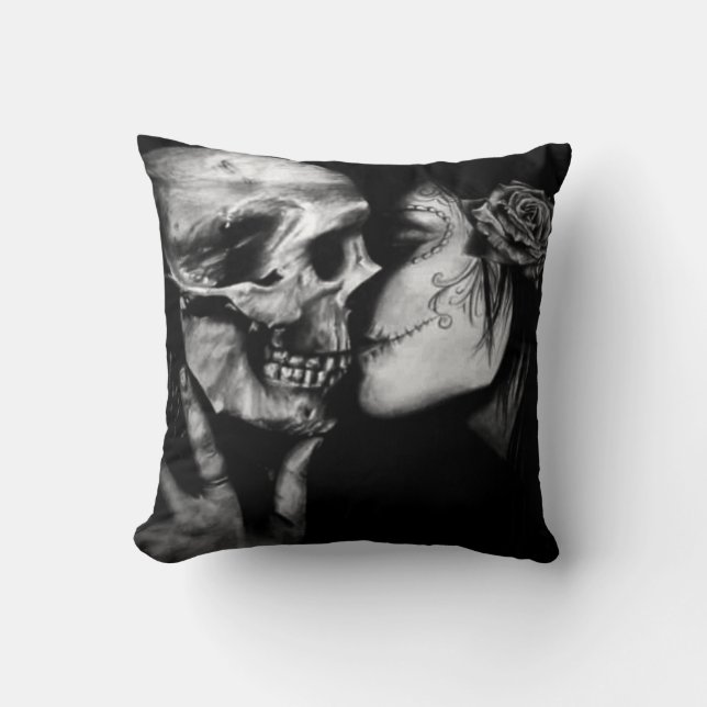 Gothic Day of Dead Black and White Skull And Woman Cushion (Front)