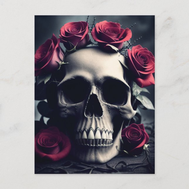 Gothic Death Skull and Roses Postcard (Front)